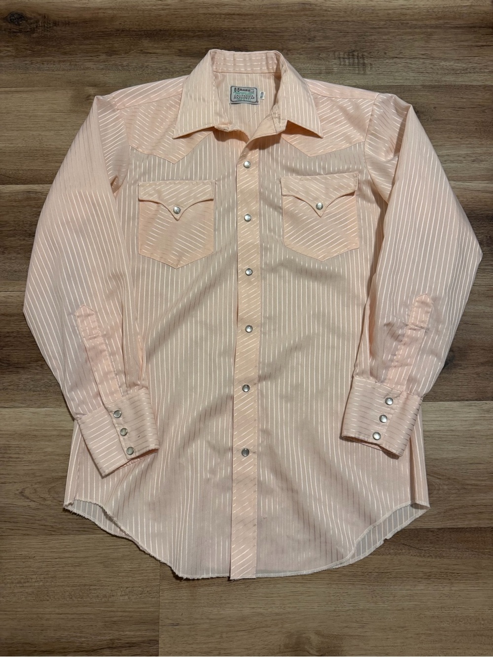 VTG H Bar C Ranch Wear Pink 70s Pearl Snap Rodeo Western Shirt Size 15 1/2 - 33
